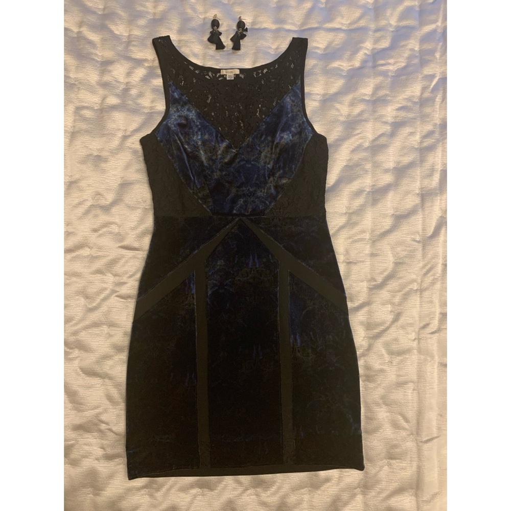 Black & Blue Velvet Mini Dress with Lace Detail
